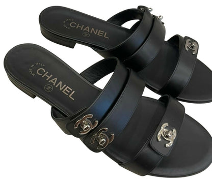 Chanel 2017 Black Calfskin CC Turnlock Mule Sandals EU 38C