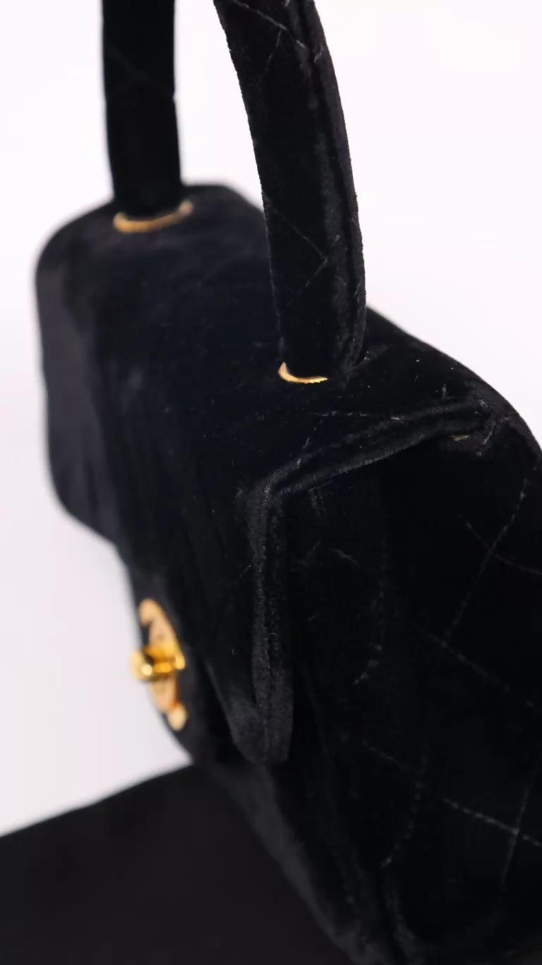Chanel 2 Black Velvet Mini Kelly Handbag