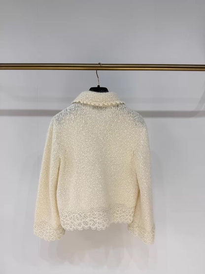 Chanel 25B ecru Knit Cardigan with Lace Trim