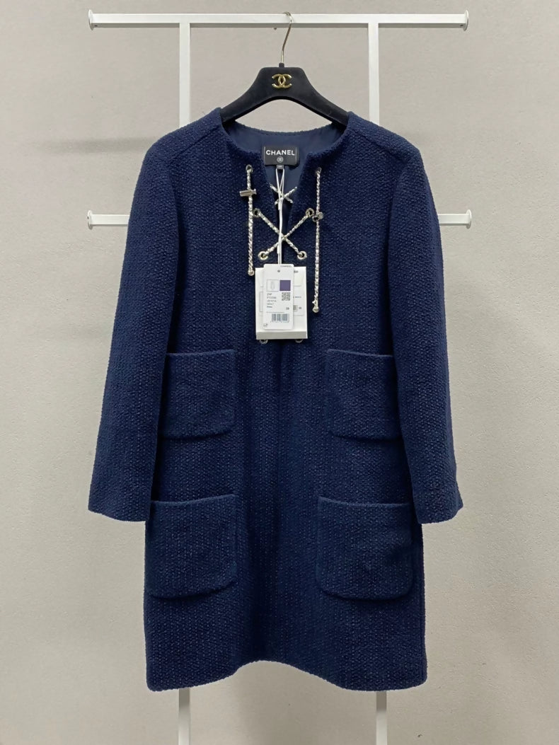 Chanel 21P Navy Blue Cross Drawstring Chain Tweed Dress