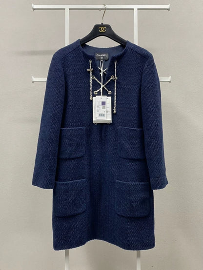Chanel 21P Navy Blue Cross Drawstring Chain Tweed Dress
