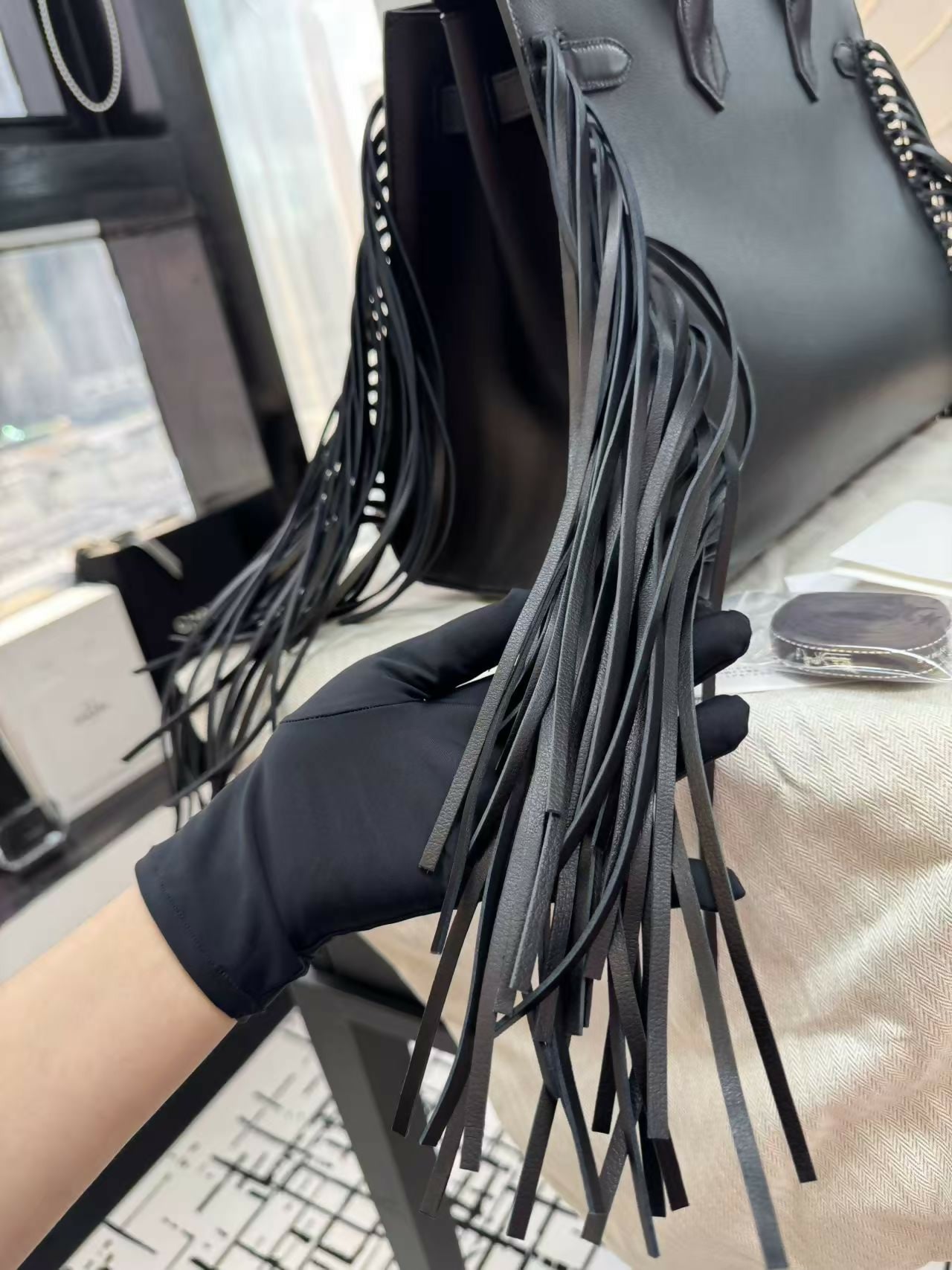 Hermès Birkin 35 Black Evergrain Leather Handbag with Silver Hardware and Fringe Stamp W