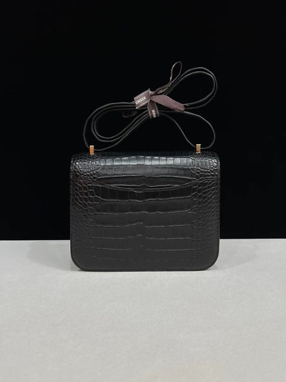 Hermes Constance 19 black matte alligator leather light gold hardware
