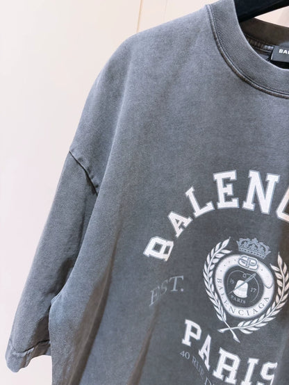 Balenciaga 1917 Crown and Wheat Ear Logo Print Distressed Short-Sleeve T-Shirt