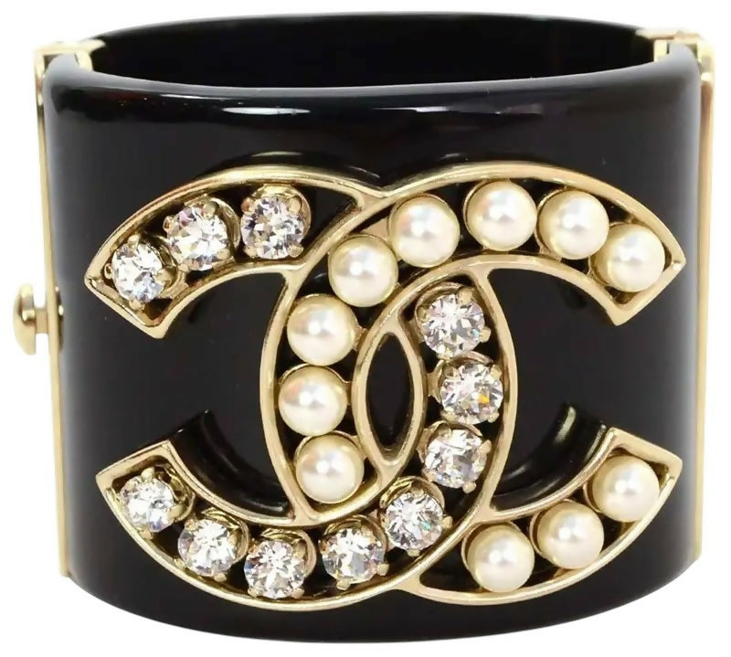 Chanel Iconic 14B Crystal & Pearl CC Wide Black Cuff Bracelet GHW