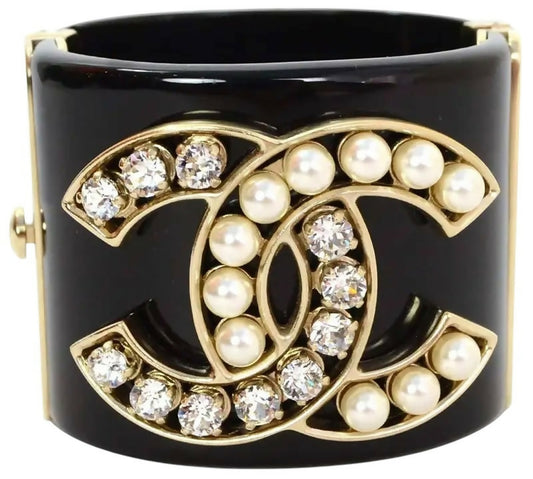 Chanel Iconic 14B Crystal & Pearl CC Wide Black Cuff Bracelet GHW