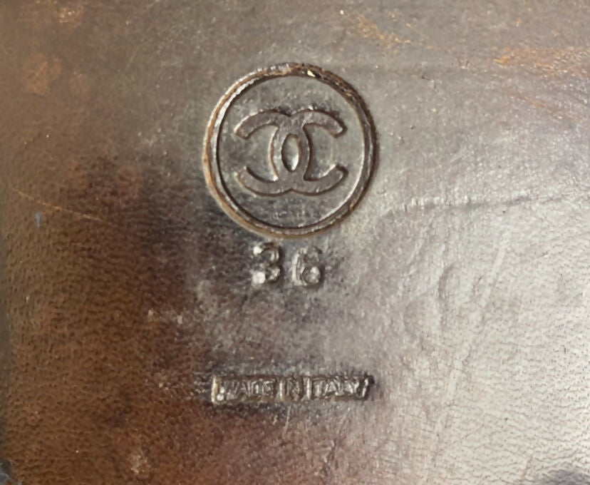 Rare Vintage Chanel 90s Claudia Schiffer Black Leather CC Riding Boots EU 36 (fits 37)