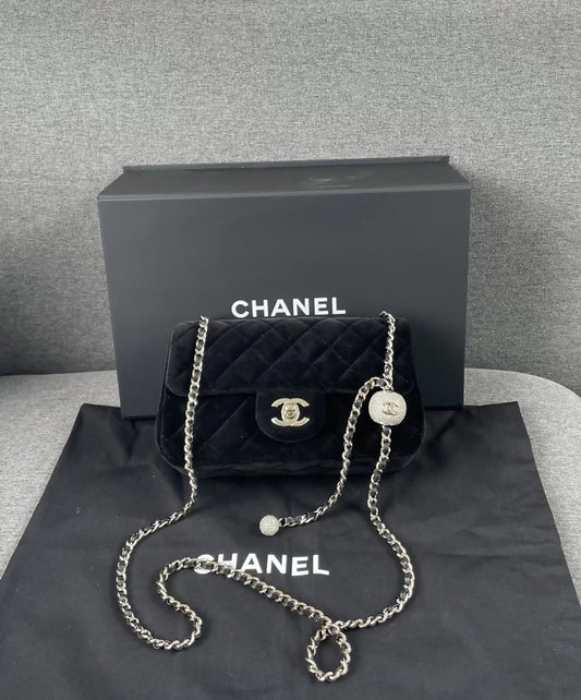 Chanel 25A Black Velvet Rhinestone Ball CF Chain Bag