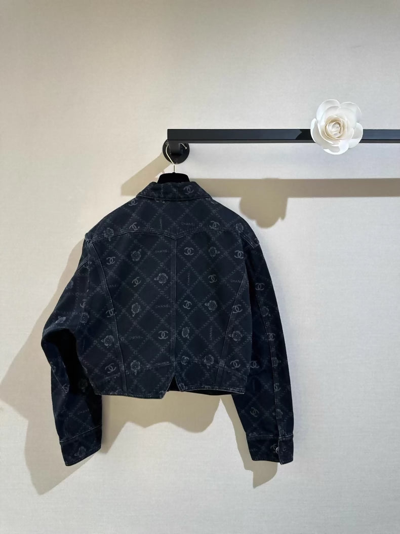 Chanel 23A camellia logo black denim jacket