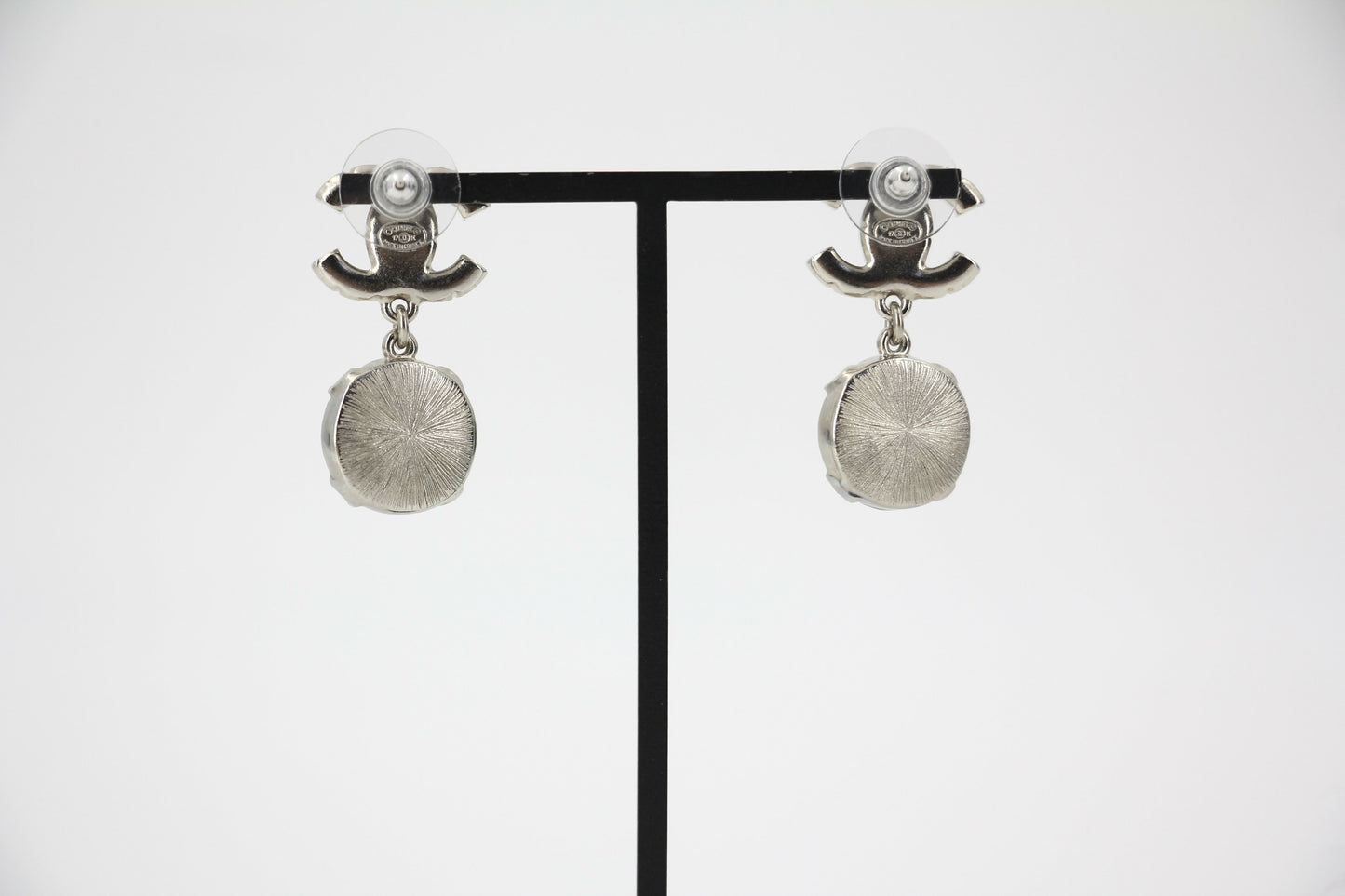 Chanel 17K Rhinestone Semi-transparent Round Pendant CC Stud Earrings
