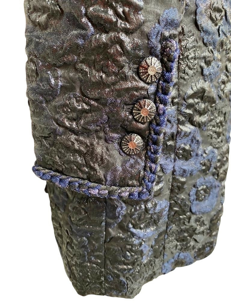 Chanel 16A Paris Rome Black Navy Metallic Camellia Jacquard Braid Long Coat Jacket FR 38