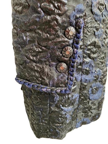 Chanel 16A Paris Rome Black Navy Metallic Camellia Jacquard Braid Long Coat Jacket FR 38