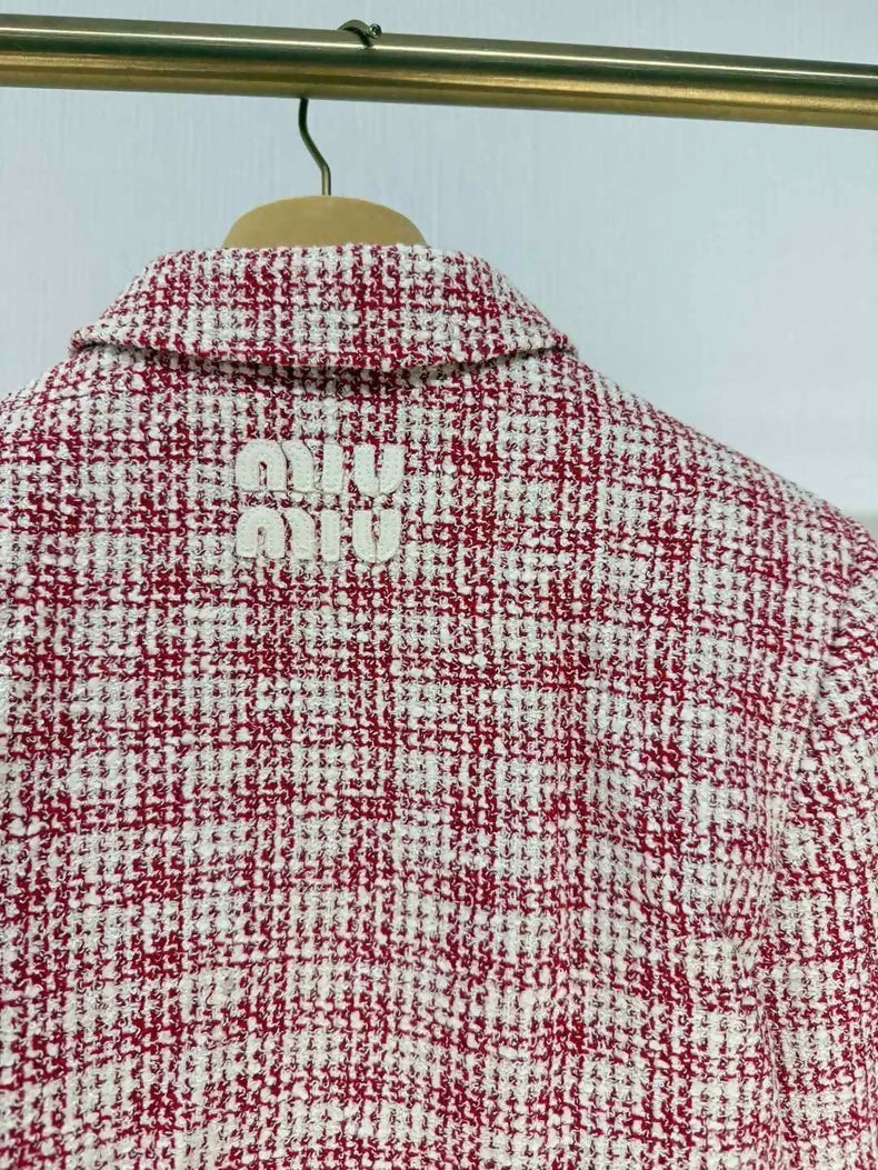 Miumiu 2024 Pink and White Checkered Jacket with Gold Buttons