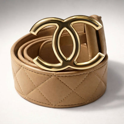 Chanel 14C Beige on Gold CC Buckle Quilted Lambskin Belt Size 85/34