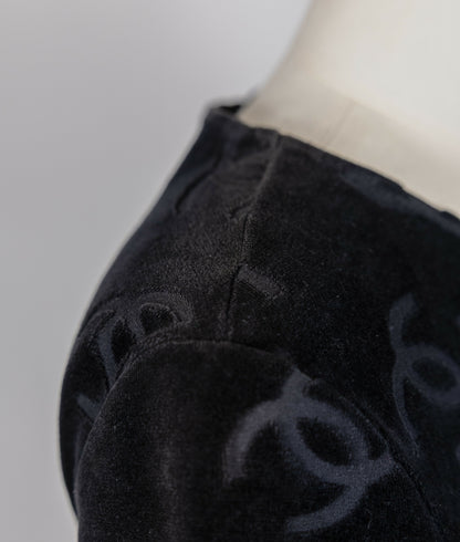 Chanel 1996 Spring/Summer Vintage Black Velour Logo Skirt Set
