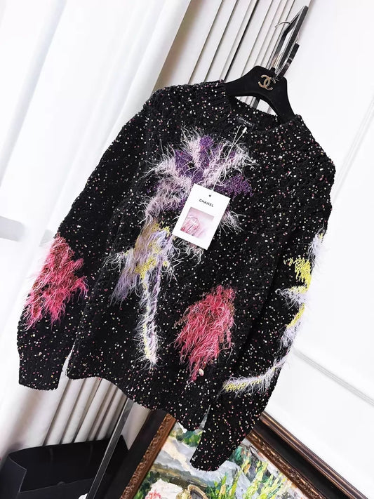 Chanel 24C black sequinned sweater with colorful feathers