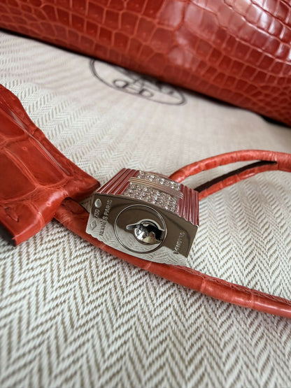 Hermes Birkin 35 Braise shiny croc white gold diamond hardware