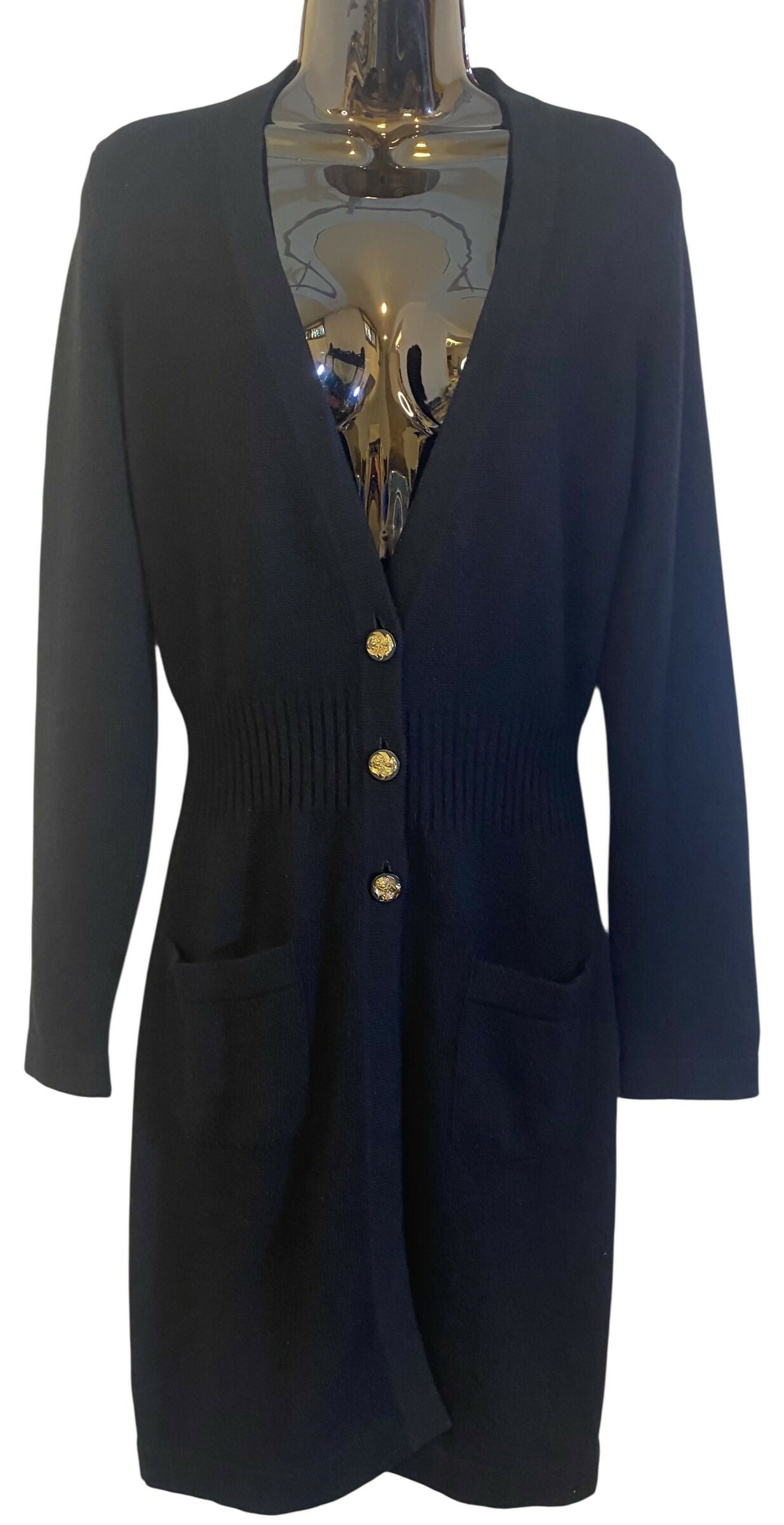 Chanel 10C Paris Venice Black Cashmere Cardigan Long Jacket Cardicoat FR 40