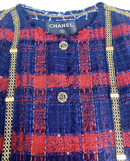 RARE CHANEL 08P RUNWAY BLUE RED GOLD CC MULTI CHAINS TWEED JACKET FR 44