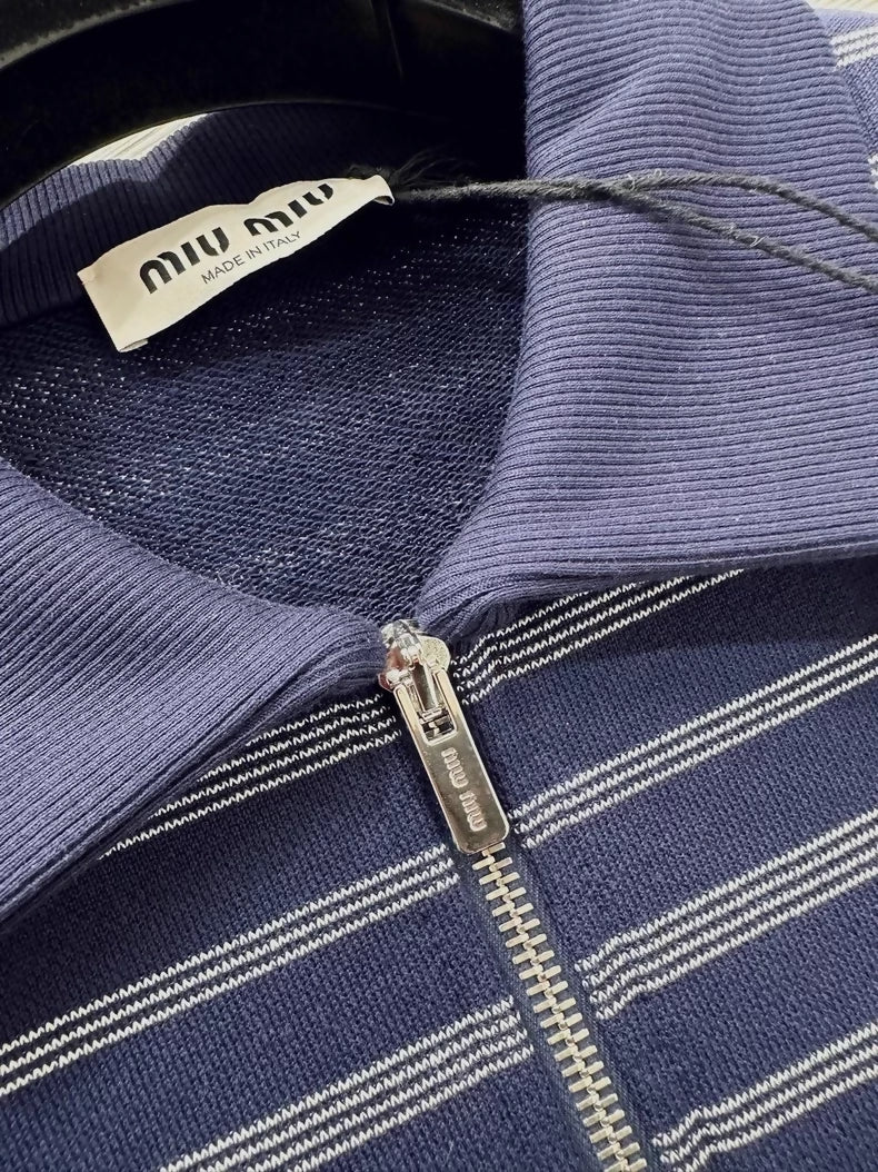 Miu Miu 25 Black and Blue Striped Collared Zip-Up Long-Sleeve Polo Shirt