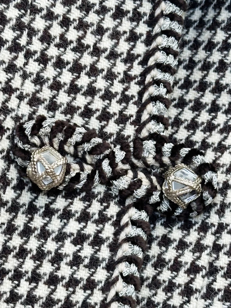 Chanel 15K brown houndstooth knotted crystal-buttoned coat