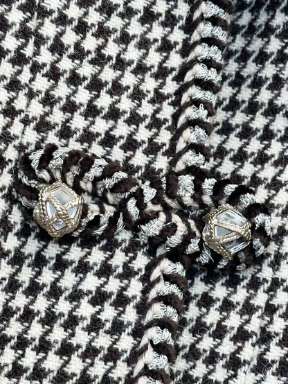 Chanel 15K brown houndstooth knotted crystal-buttoned coat