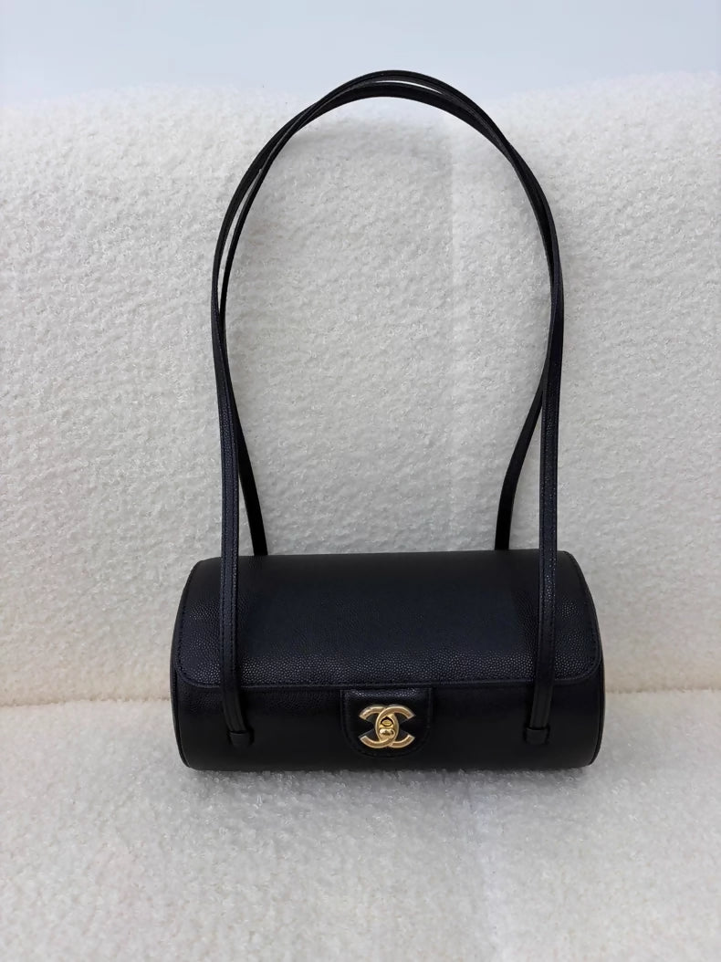 Chanel 26P Black Gold Embossed Calfskin Shoulder Bag