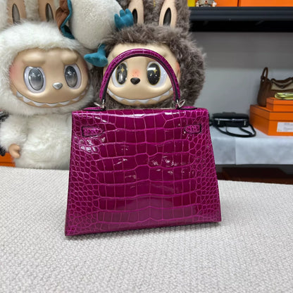 Hermes Kelly 25 L3 rose pourpre shiny crocodile leather palladium hardware