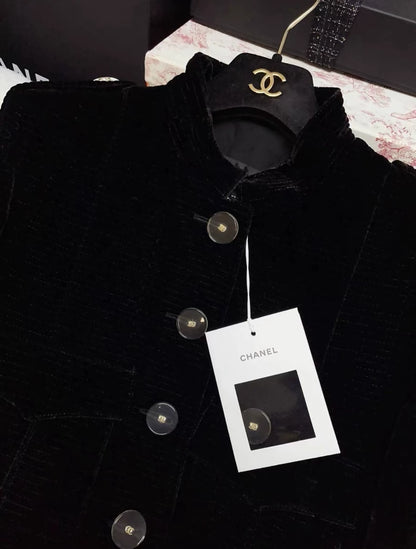 Chanel black velvet long coat