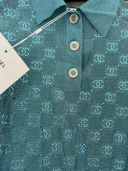 Chanel 23C Blue Rhinestone long T-Shirt