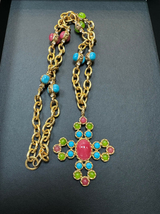 Chanel Vintage 1995 Gripoix & Rhinestone Gold Plated Chain Necklace