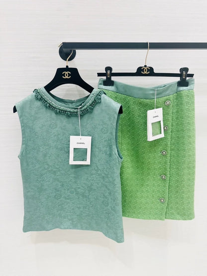 Chanel 24b green tweed top and skirt set