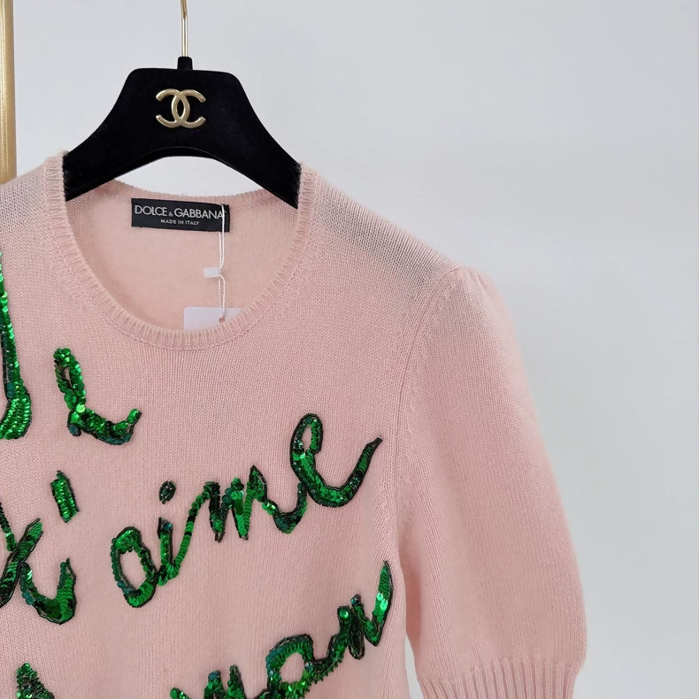 Dolce & Gabbana Letter Sequin Pink Knit Sweater