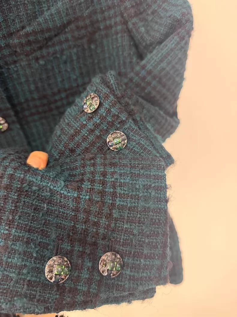 Chanel 24A dark green plaid enamel tweed jacket