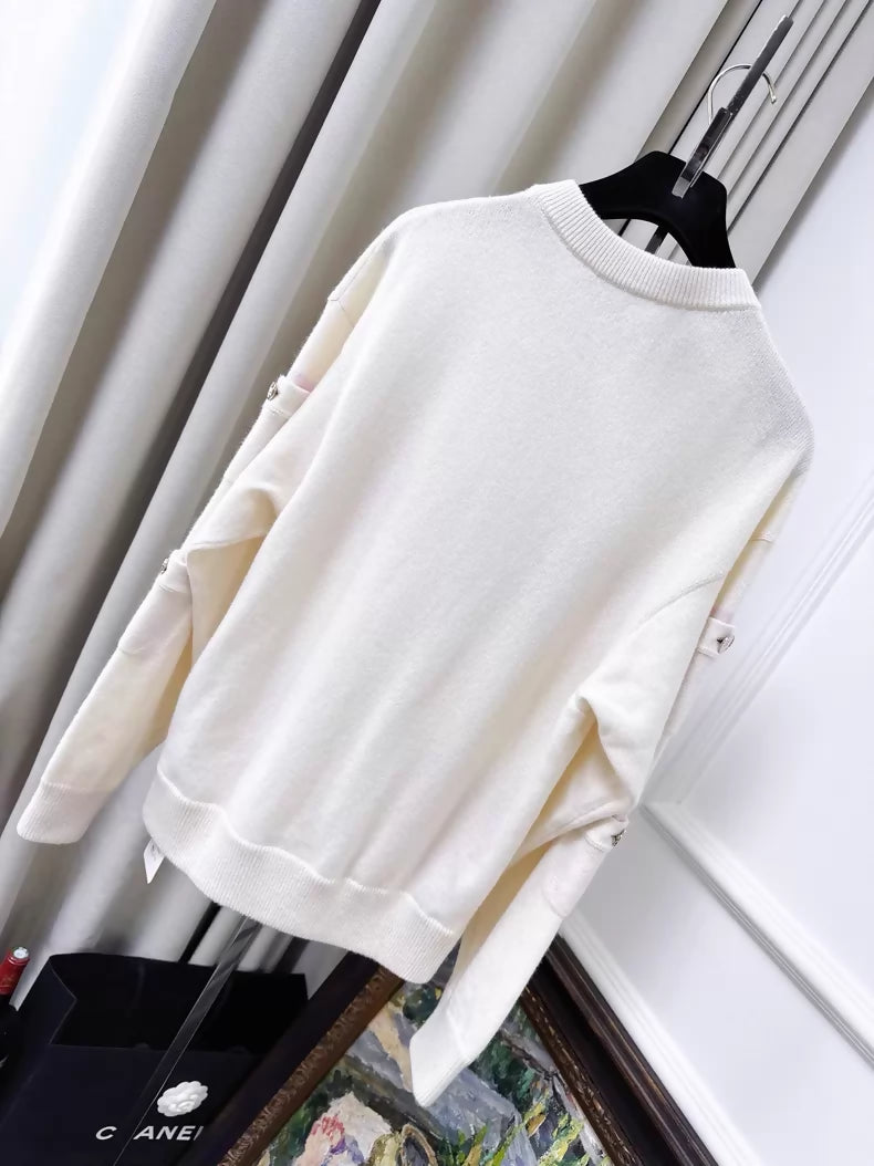 Chanel 25B white cashmere cardigan with pink trim