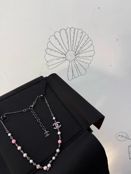 Chanel 25B pink enamel pearl necklace choker