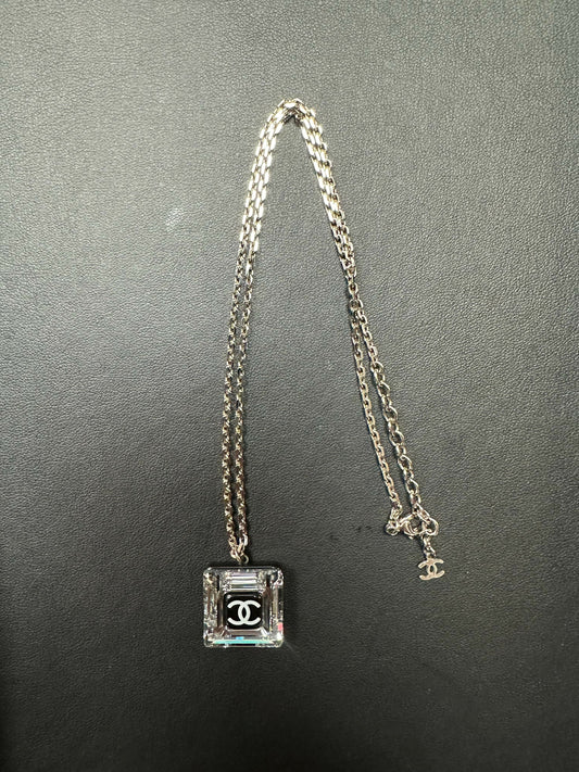 Chanel Vintage 10A Resin Transparent Square Black CC Pendant Necklace