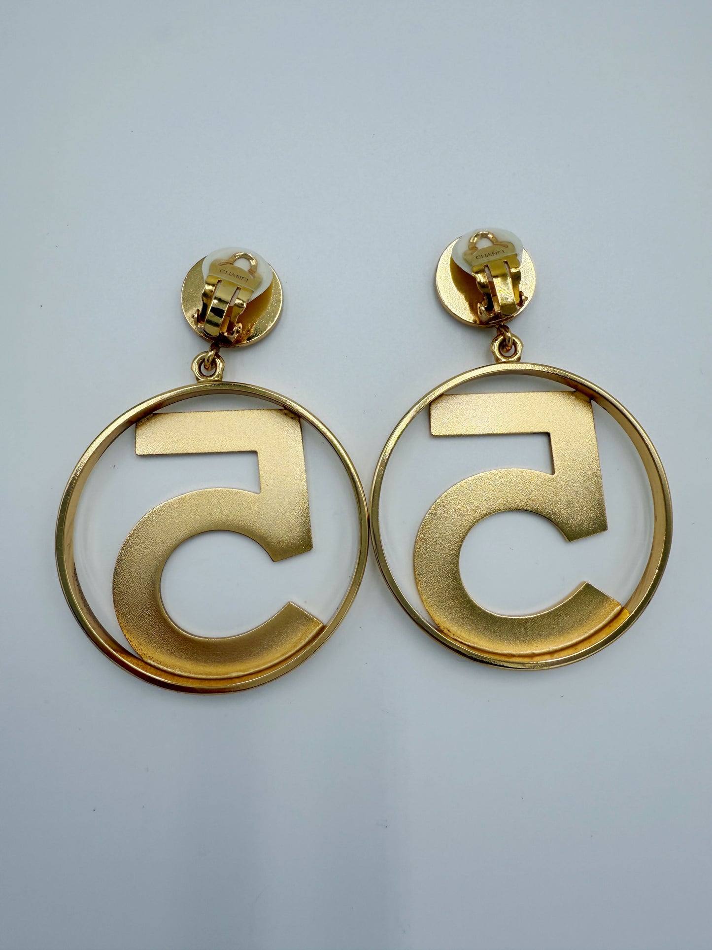 Chanel 1980s Runway Vintage Gold Plated Circle No.5 Dangle Earrings