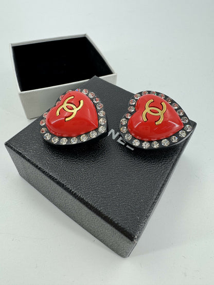 Chanel Vintage 95P Rhinestone & Gold Plated Heart-shaped Black and Red Clip-on Earrings