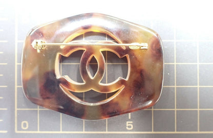 Chanel Vintage 97P Acrylic Tortoise Carved Quilted Hollow CC Logo Brooch