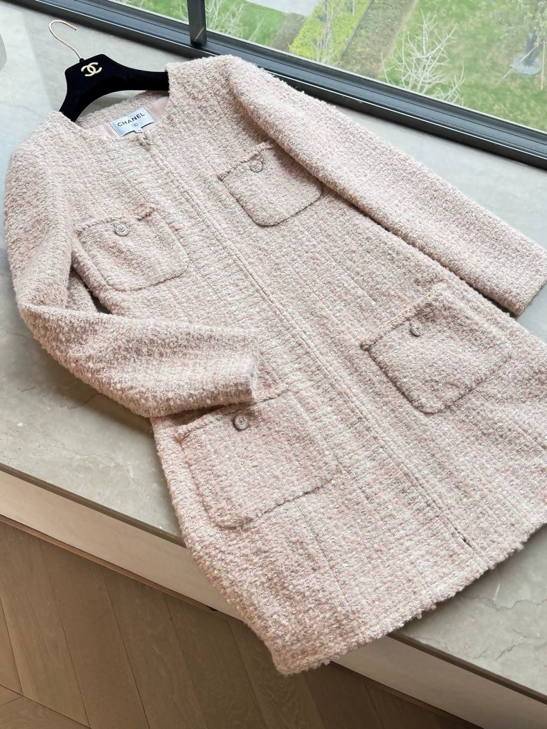 Chanel 24B Pink Tweed Four-Pocket Long Coat
