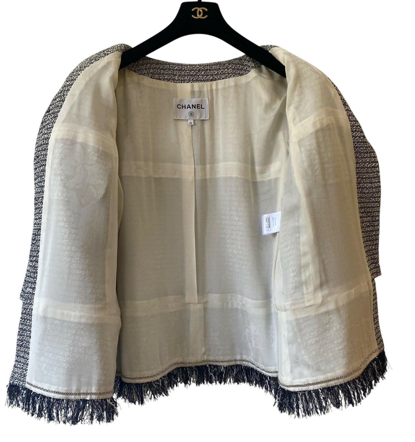Chanel 18P Black White Tweed Fringe Jacket FR 44