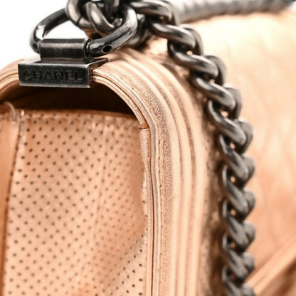 Chanel 15C Paris Dubai Rose Gold Metallic Calfskin Perforated Small Boy Flap Bag