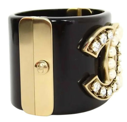 Chanel Iconic 14B Crystal & Pearl CC Wide Black Cuff Bracelet GHW