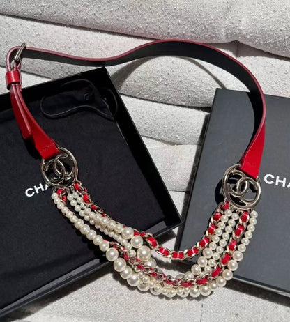 Chanel red and white multi-layered pearl waist chain belt