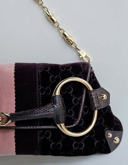 GUCCI Tom Ford XL Purple Velvet GG Exotic Lizard Trim Horsebit Clutch Bag