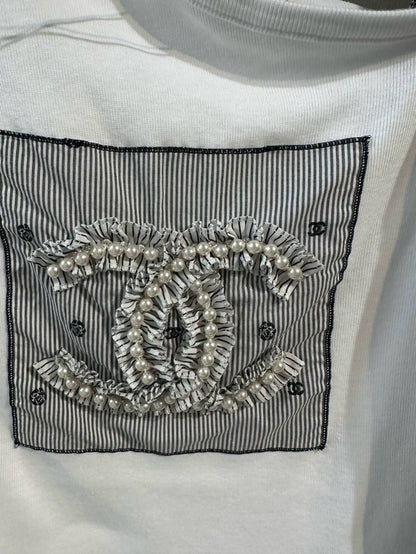 Chanel 24P white pearl logo off-shoulder top