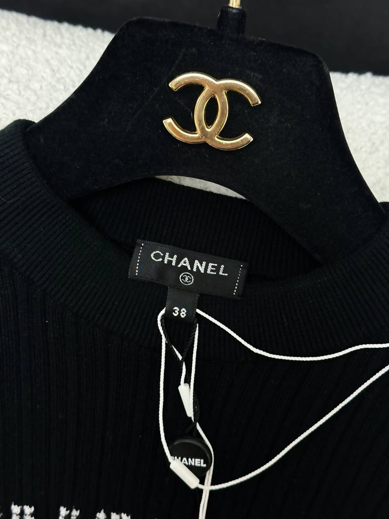 Chanel 21S black pleated CC knit t-shirt