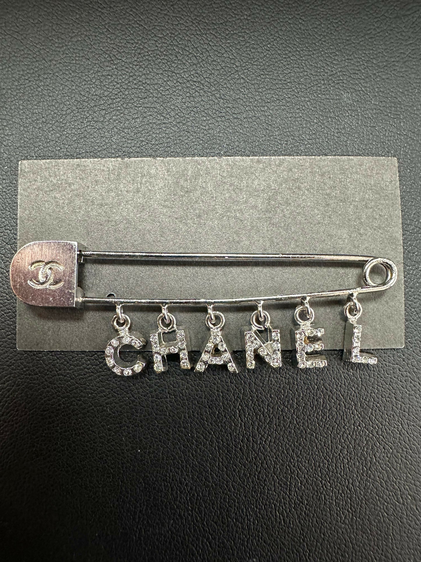 Chanel Vintage 01P Rhinestone English Lettering Sliver Tone Brooch