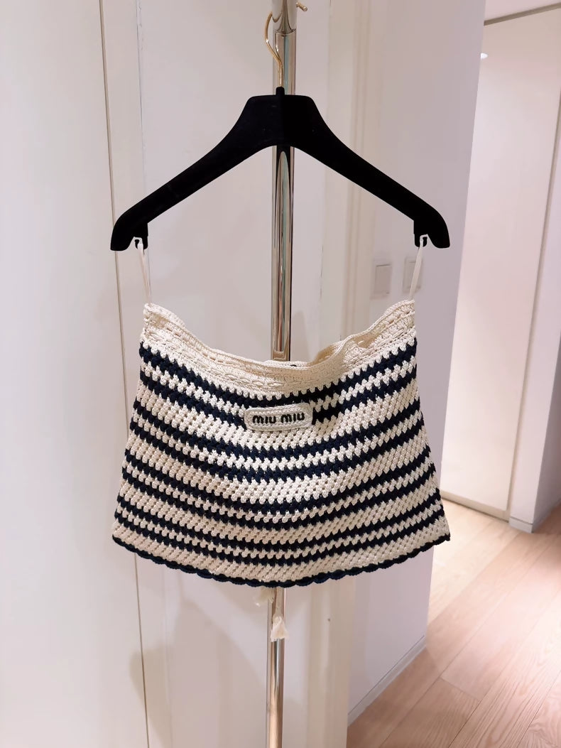 Miu Miu Retro Navy Striped Hollow-Out Knit Mini Skirt